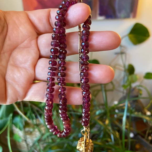 Rhodolite Garnet Hand Strung Gem Necklace With Gold Filled Antique Watch Chain - Picture 4 of 17